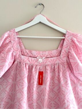 NWT Joe Fresh Size 1X Pink Print Blouse Square Neck Flutter Sleeve 100% Cotton